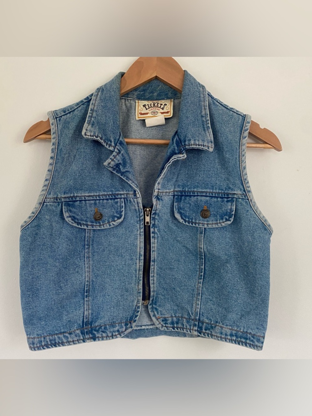 Vintage Tickets Denim Cropped Fitted Vest Zip Up Medium USA Made